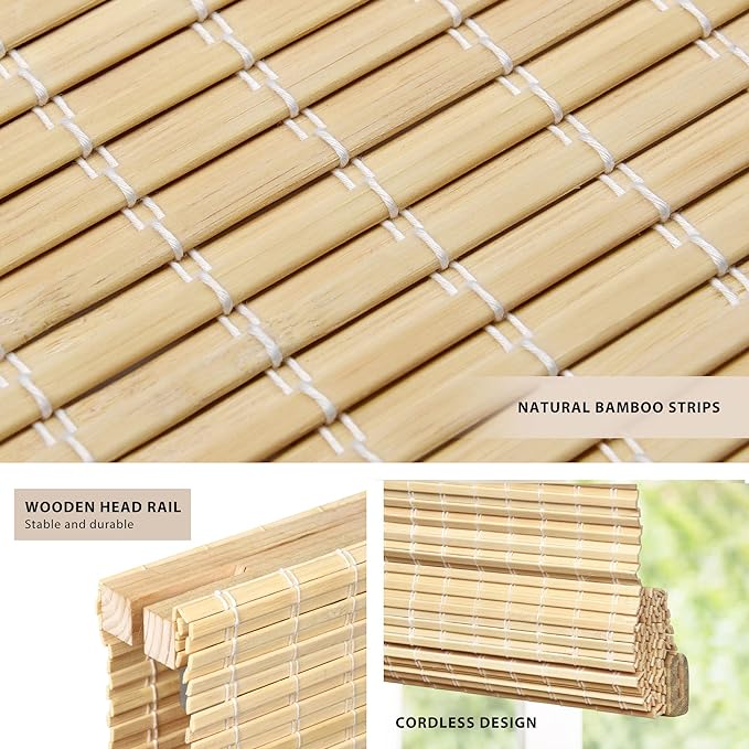 LazBlinds No Tools No Drill Cordless Bamboo Roman Shades, Privacy Window - Image 2
