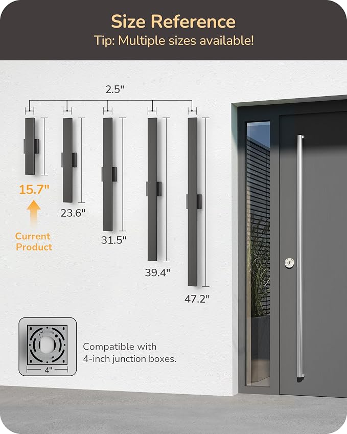 EDISHINE 2 Pack LED Outdoor Wall Lights Dimmable, 3000K 4000K 5000K, 15.7" - Image 2