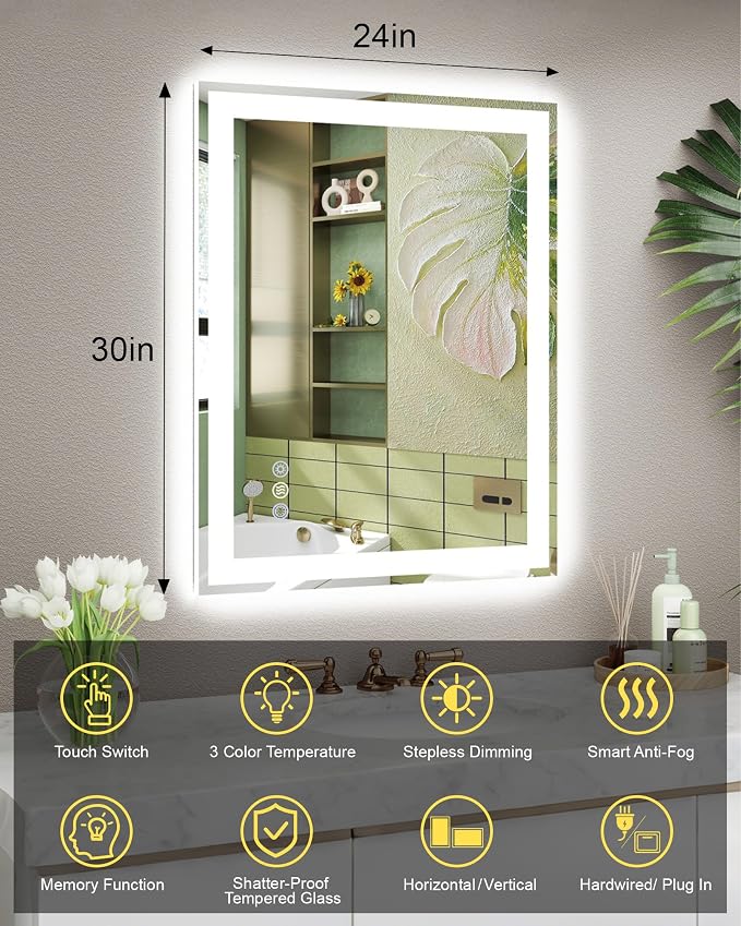 24x30 LED Bathroom Mirror with Lights, Super Bright Front & Backlit Vanity - Image 6