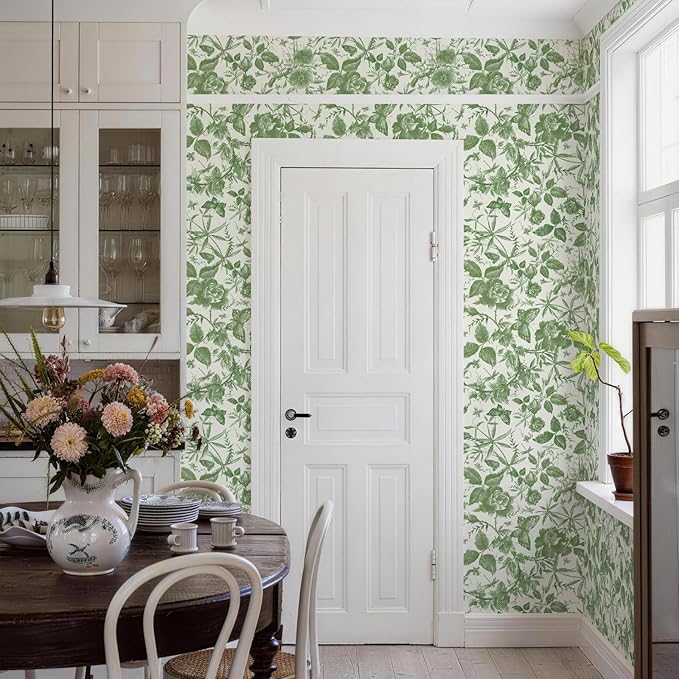JiffDiff Floral Vintage Wallpaper Peel and Stick，Green Rose Wallpaper Removable - Image 6