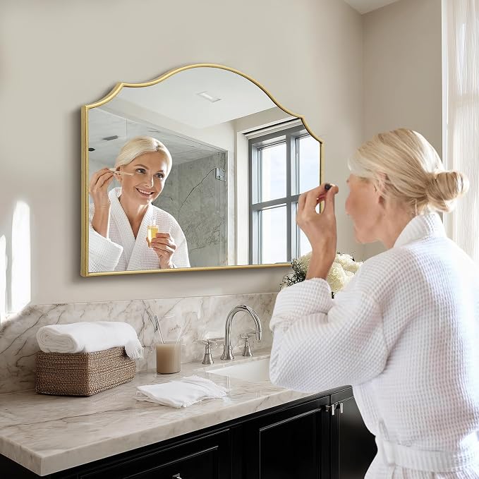 Besdomus Gold Scalloped Mirror for Dresser: 35"x26" Modern Wooden Mantel Mirror - Image 4
