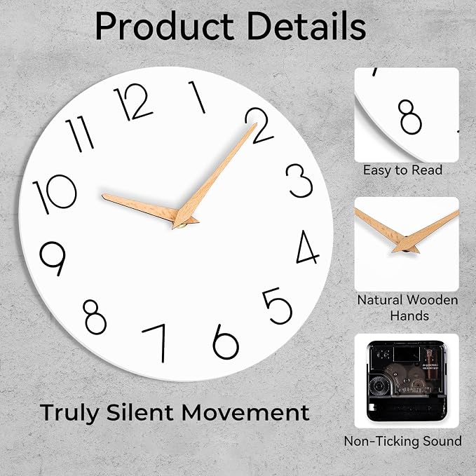 cicininc Wall Clock, 12 Inch Wooden Silent Non-Ticking, Decorative Battery - Image 5