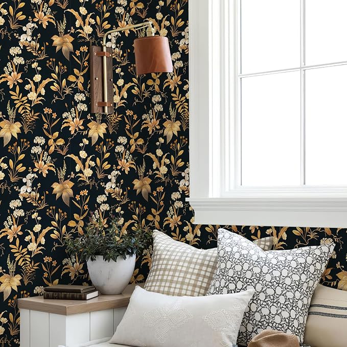 Simon&Siff Vintage Wallpaper Peel and Stick Black Gold Floral Wallpaper - Image 2