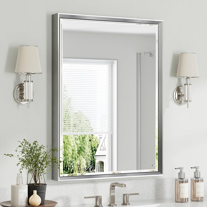 Silver Bathroom Mirror, 24x32 Inch Beveled Silver Vanity Mirror by QUEENFUN