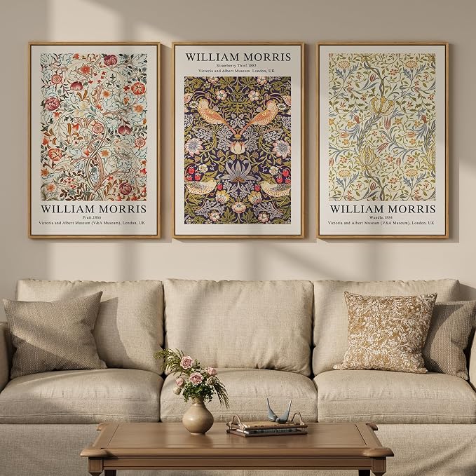 Large Framed William Morris Wall Art Set of 3, Vintage Strawberry Thief Canvas by Cuspin