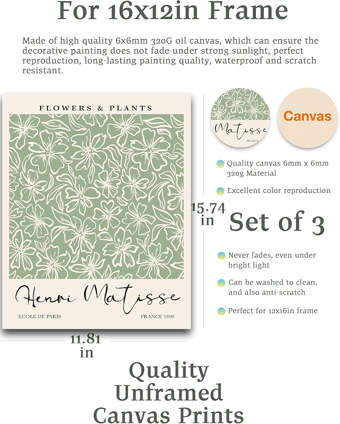 HesenDot Matisse Sage Green Wall Art Set of 3, William Morris Wall Art Decor - Image 2