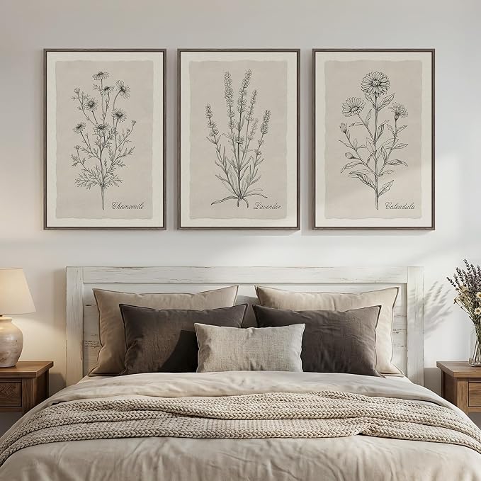 Framed Farmhouse Botanical Canvas Wall Art Set of 3, Large Vintage Neutral - Image 2
