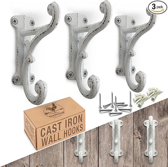 Rustic Cast Iron Coat Hooks Antique White, Wall Mounted, Farmhouse Decorative by MyFancyFarmhouse