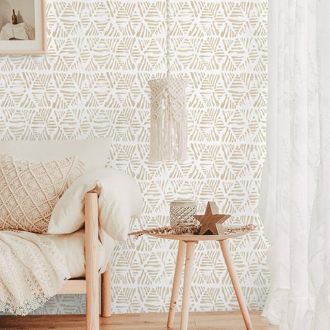 Peel and Stick Wallpaper Boho Wallpaper 17.3" x 393" Geometric Beige and White - Image 6