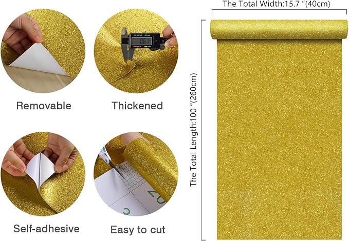 CHIHUT Gold Sparkle Contact Paper 15.7''x100'' Gold Glitter Wallpaper Peel and - Image 9