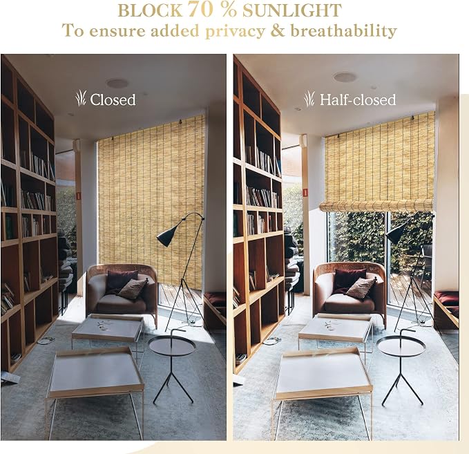 Bamboo Roll Up Shades 2 Pack, Reed Roller Blinds 47" W x 71" H, Natural Light - Image 5