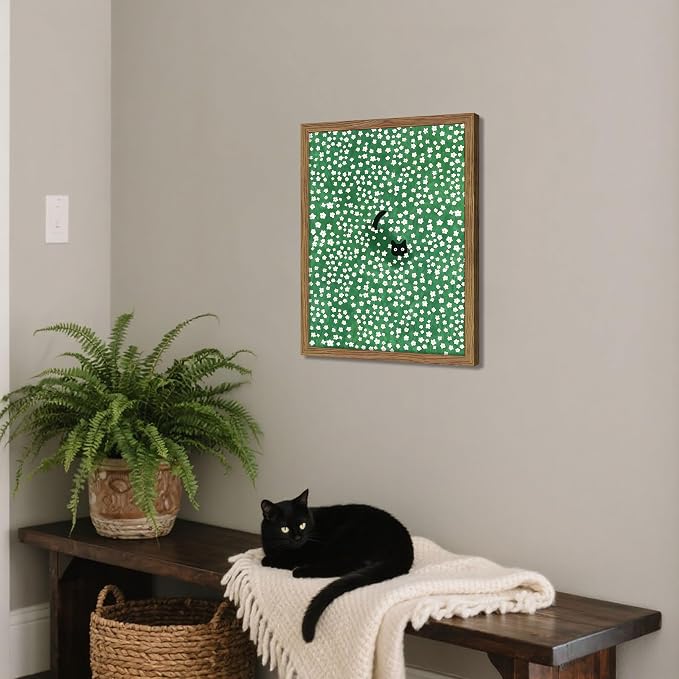 Framed Floral Black Cat Canvas Wall Art, Cute Black Cat in Daisy Field Painting - Image 4