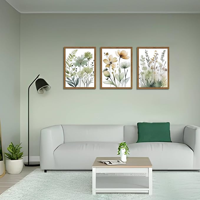 Wood Framed Sage Green Botanical Wall Art Set of 3, Boho Floral Canvas Wall - Image 9