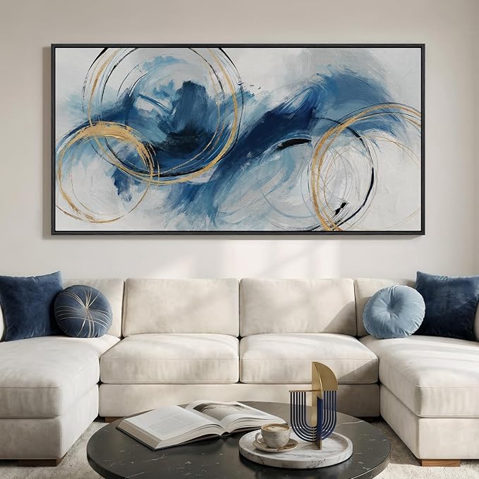Extra Large Framed Navy Blue Abstract Canvas Wall Art by Cuspin