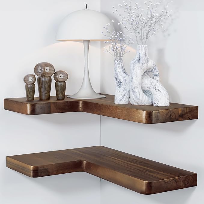 BATODA Acacia Wood Corner Floating Shelf 17” x 12”- Corner Shelf Wall Mounted by BATODA