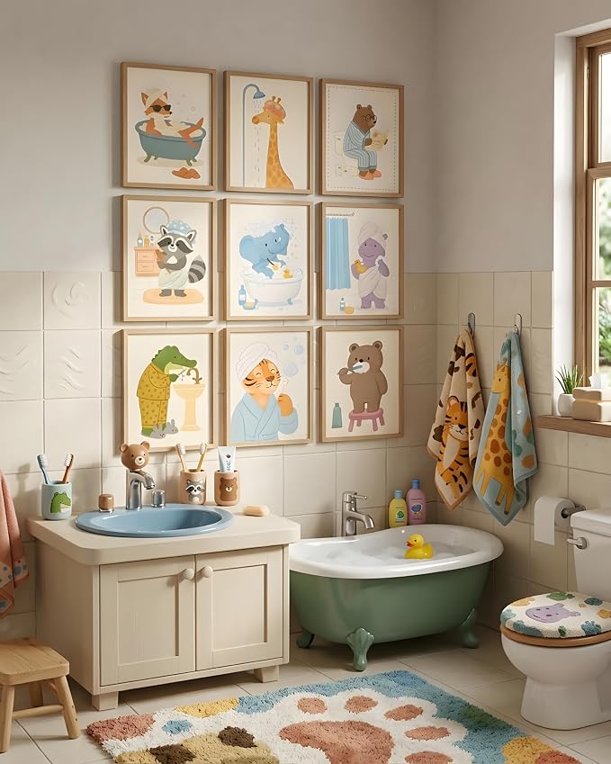 tgguytiy Kids Bathroom Wall Art Set of 9 Cute Animal Bathroom Decor - Image 2