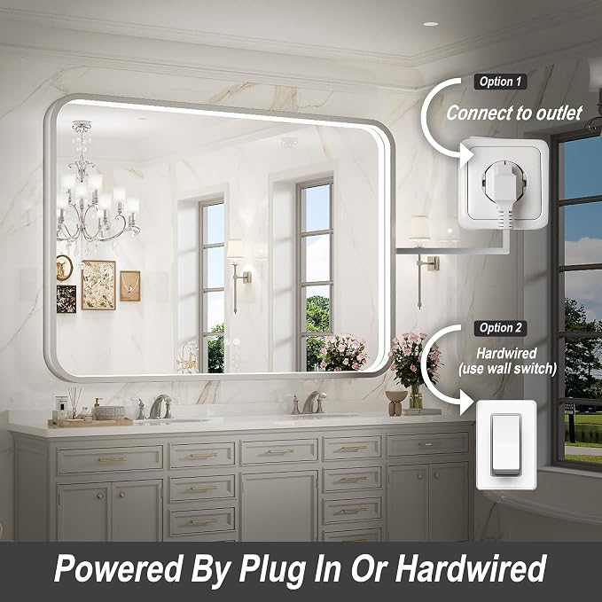 LED Bathroom Mirror with Lights, 43x36 Inch Brushed Silver Framed Lighted - Image 5