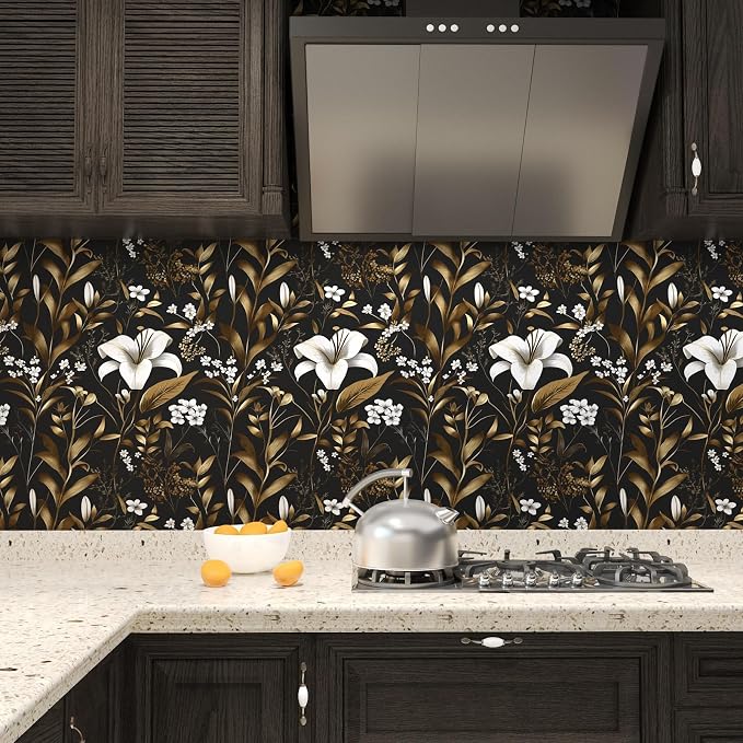 Laatse Black White Floral Wallpaper Peel and Stick, Dark Gold Vintage Contact - Image 4