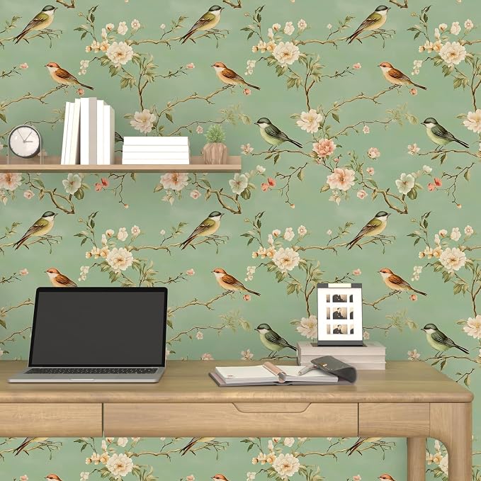 Laatse Green Floral Wallpaper Peel and Stick Bird Wallpaper Pink Flower Contact - Image 7