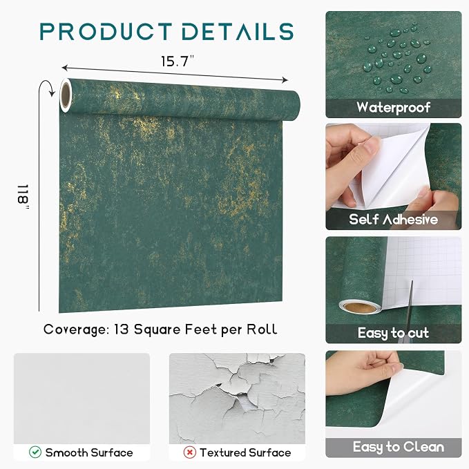 VEELIKE Distressed Teal Gold Metallic Wallpaper Peel and Stick Plaster Concrete - Image 9