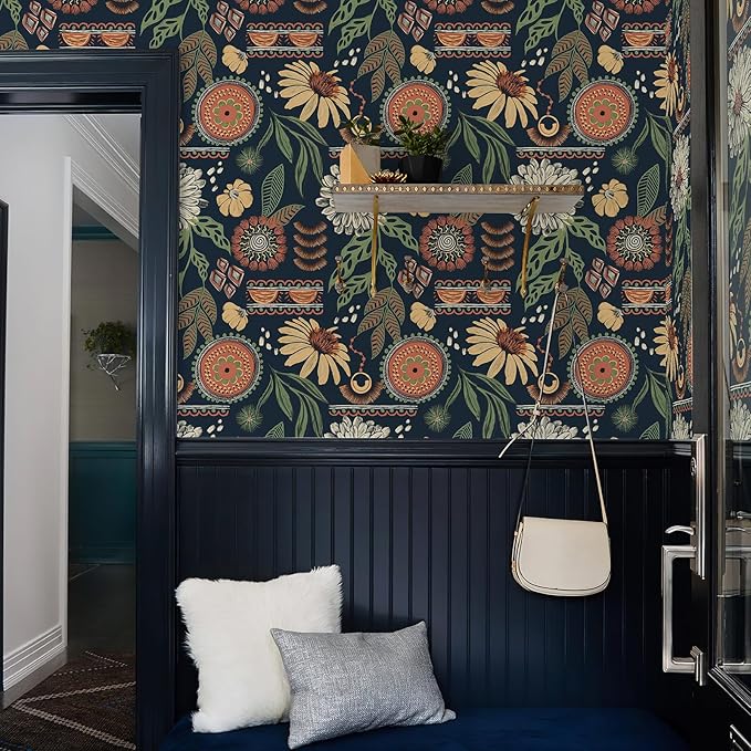 Simon&Siff Boho Peel and Stick Wallpaper, 17.3" x 1200" Blue Sun Floral Retro - Image 6