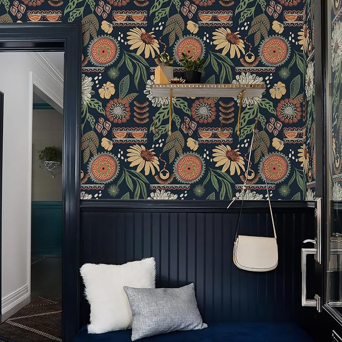 Simon&Siff Boho Peel and Stick Wallpaper, 17.3" x 800" Blue Sun Floral Retro - Image 6