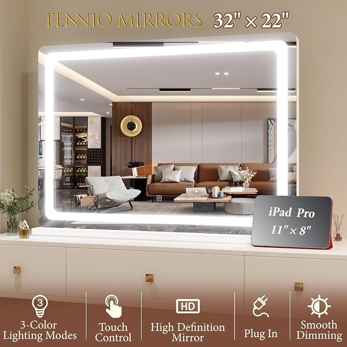 FENNIO Vanity Mirror with Lights 32"x22", Lighted Makeup Mirror, Large Vanity - Image 6
