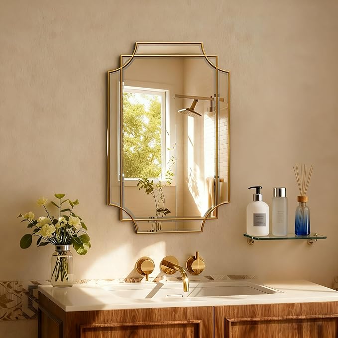 HQiJun 30x20 Inch Gold Bathroom Mirror, Wooden Frame by HQiJun