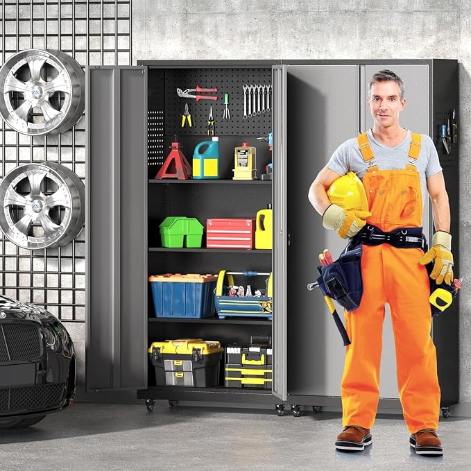 Garage Storage Cabinet with Wheels, Metal Storage Cabinet with 2 Doors and - Image 9