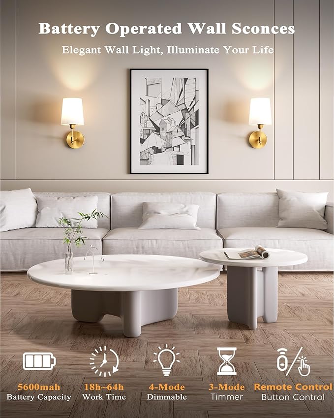 Ouyulong Battery Operated Wall Sconces Set of 2, Wireless Rechargeable Dimmable - Image 2