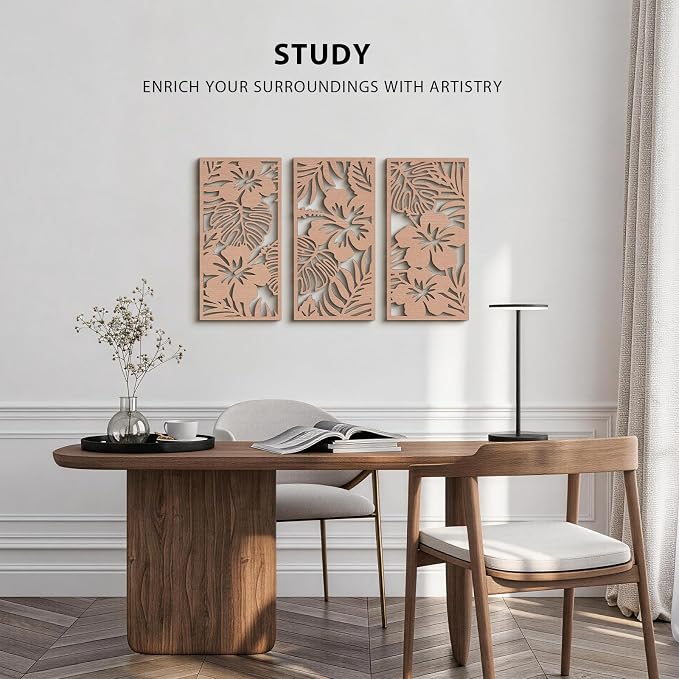 VIYYIEA Boho Solid Wood Carved Wall Art Set of 3, Geometric Minimalist Wooden - Image 6