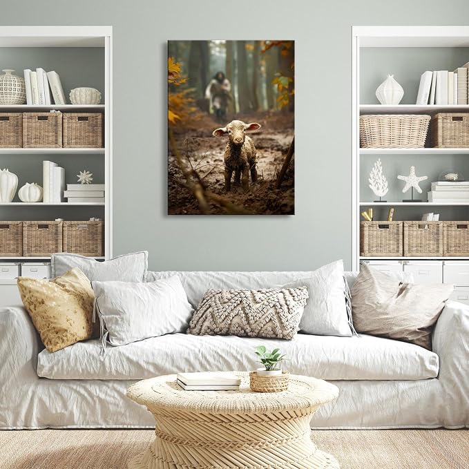Large wall art for living room Jesus Running After Lost Lamb Picture for home - Image 3