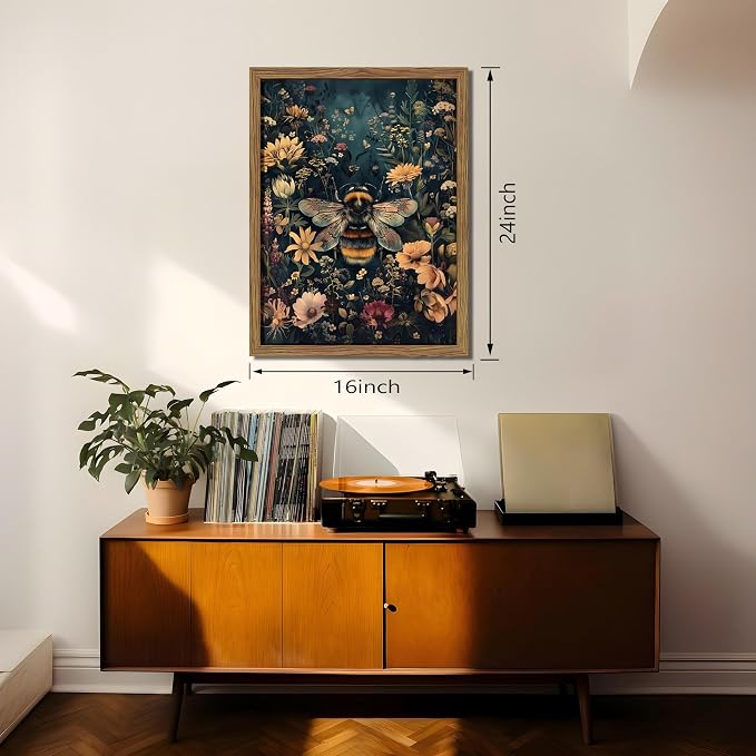Vintage Framed Wall Art Bee Canvas Prints, Dark College Animals Flowers Wall - Image 3