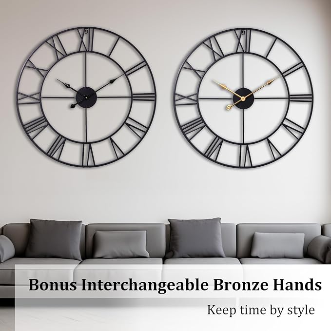 30 Inch Wall Clock Decorative, Oversized Large Black Metal Roman Numeral Silent - Image 3