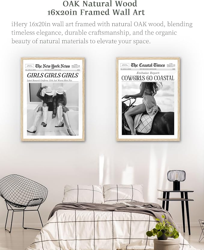 iHery Cowgirls Go Coastal Framed NewsPaper Canvas Wall Art, Natural OAK Wood - Image 5