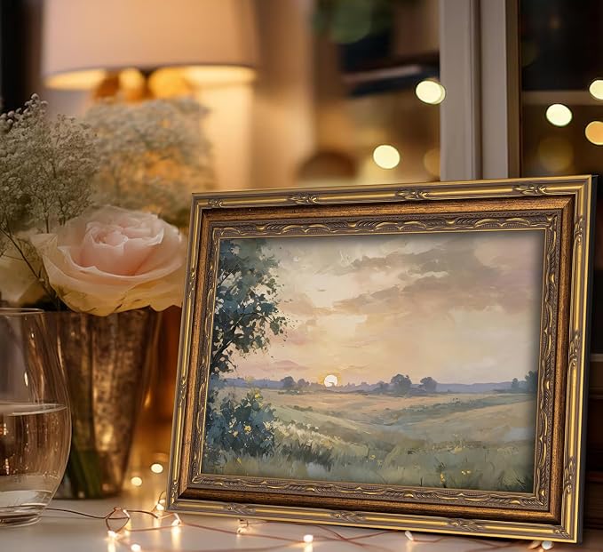 Vintage Gold Framed Wall Art Retro Fall Sunset Country Oil Painting Canvas - Image 8