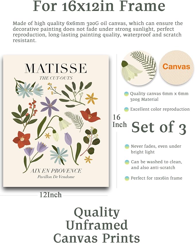 Abstract Matisse Wall Art Decor, Unframed Flower Market Print Posters Set of 3 - Image 2