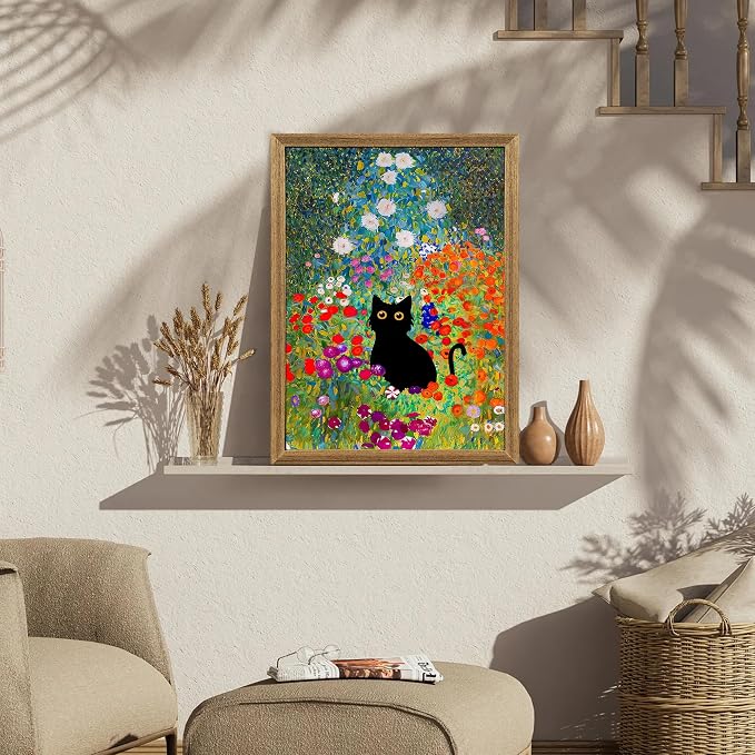 Fantasy Artists Gustav Klimt Canvas Wall Art, Framed Aesthetic Cat Floral Wall - Image 3