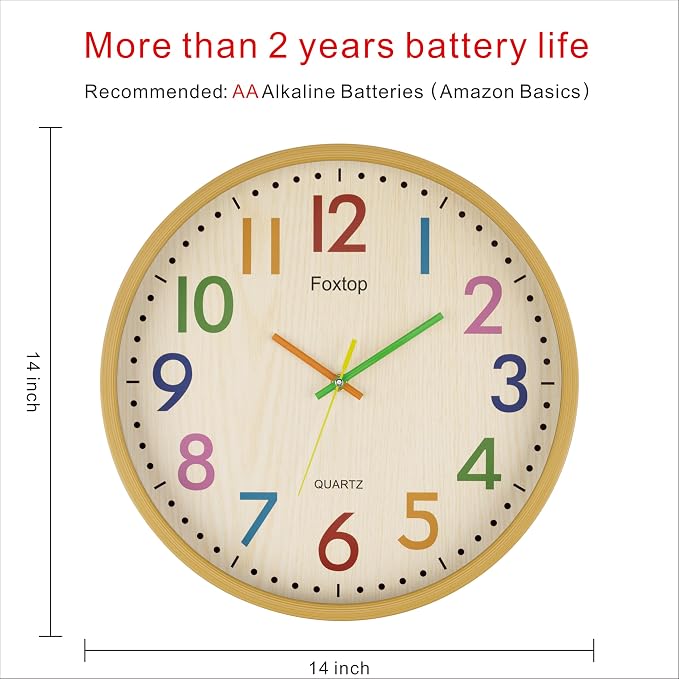 Foxtop 14 Inch Kids Wall Clock Silent Non-Ticking Battery Operated Colorful - Image 2