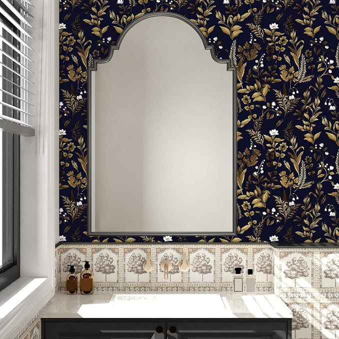 Extra Long Dark Navy Vintage Floral Wallpaper 17.5In x 393In Boho Peelable - Image 7