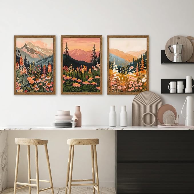WRFON Botanical and Flower Canvas Wall Art, Framed Mountain Landscape Wall Art - Image 3