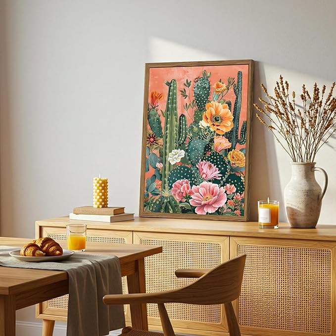 Framed Mexican Cactus Canvas Wall Art Set of 2, Vintage Desert Floral Wall - Image 3