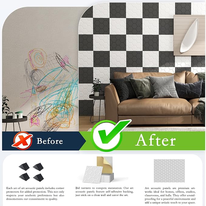 12Pack Acoustic Wall Panels, Honeycomb Self-Adhesive Sound Proof Foam Panels - Image 6