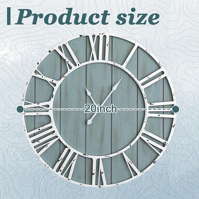 Quelay 20 Inch Coastal Wall Clock, Quiet Ticking Battery Operated, Rustic Retro - Image 2