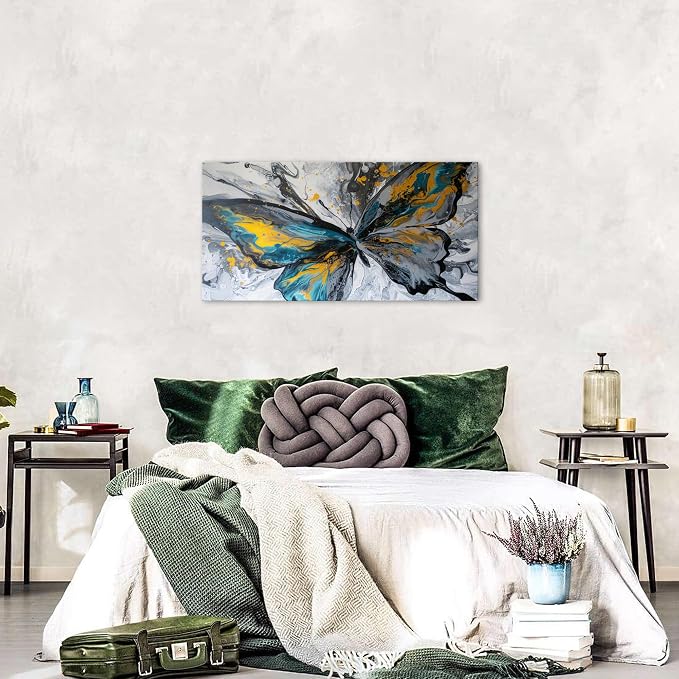 Abstract Butterfly Wall Art Teal Grey Yellow Butterfly Wall Decor Modern Marble - Image 3