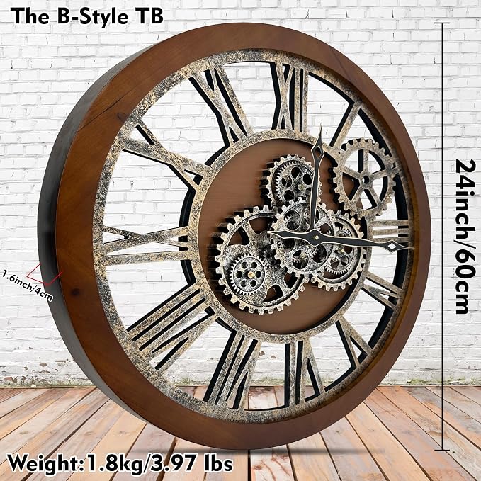 The B-Style Large Wall Clock 24 inch Moving Gear Wall Clock Oversized Vintage - Image 2