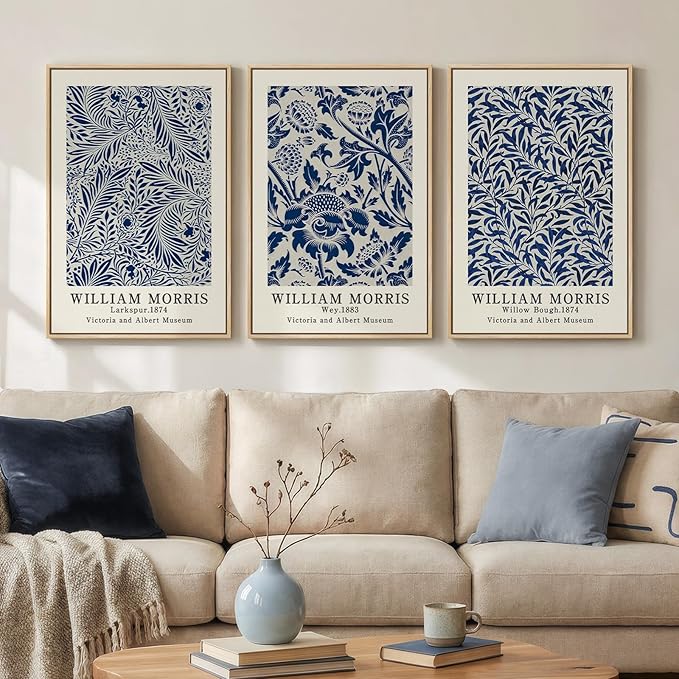 Framed William Morris Wall Art Set of 3, Large Vintage Blue Botanical Floral by Cuspin