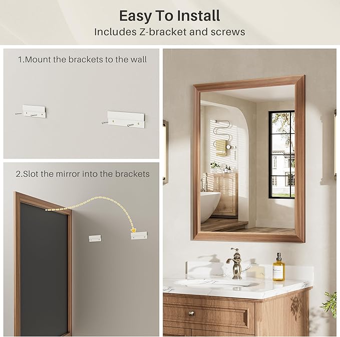 36x30 Inch Bathroom Mirror for Wall, Anti-Rust Walnut Wood Grain Metal Framed - Image 5