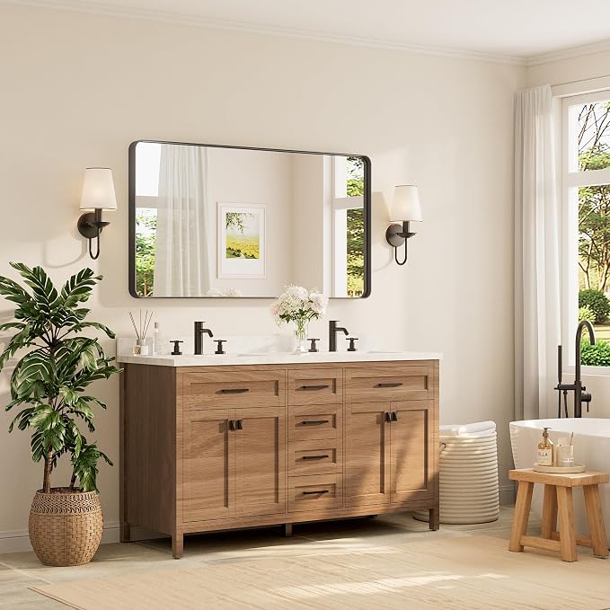TETOTE 55 x 30 Inch Bathroom Mirror, Matte Black Modern Metal Frame Rectangle - Image 2