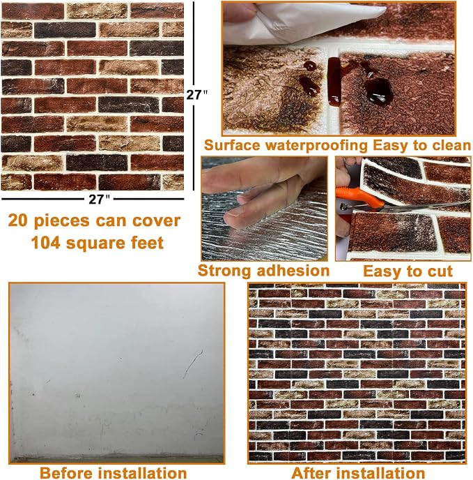 10-Pack 52 Sq.Ft 3D Wall Panels Peel and Stick 3D Faux Brick Wallpaper Peel and - Image 6